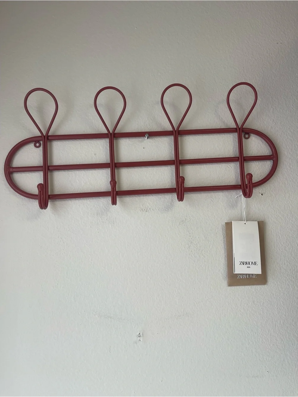 Red Metal Wall Hook Rack - 4 Loop Hooks